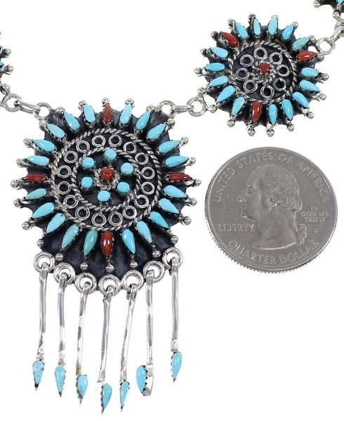 Southwest Turquoise And Coral Needlepoint Silver Necklace And Earring Set EX54066